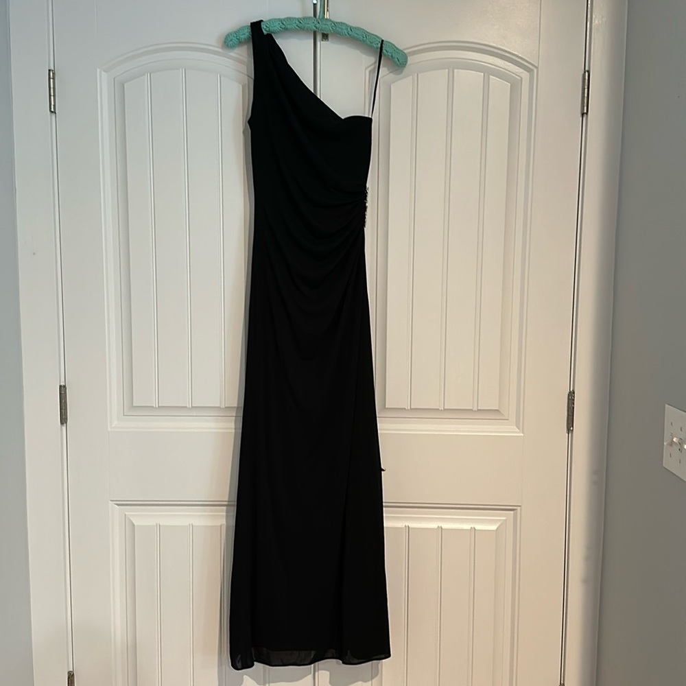 Black Gown with Gathered Jewel Brooch